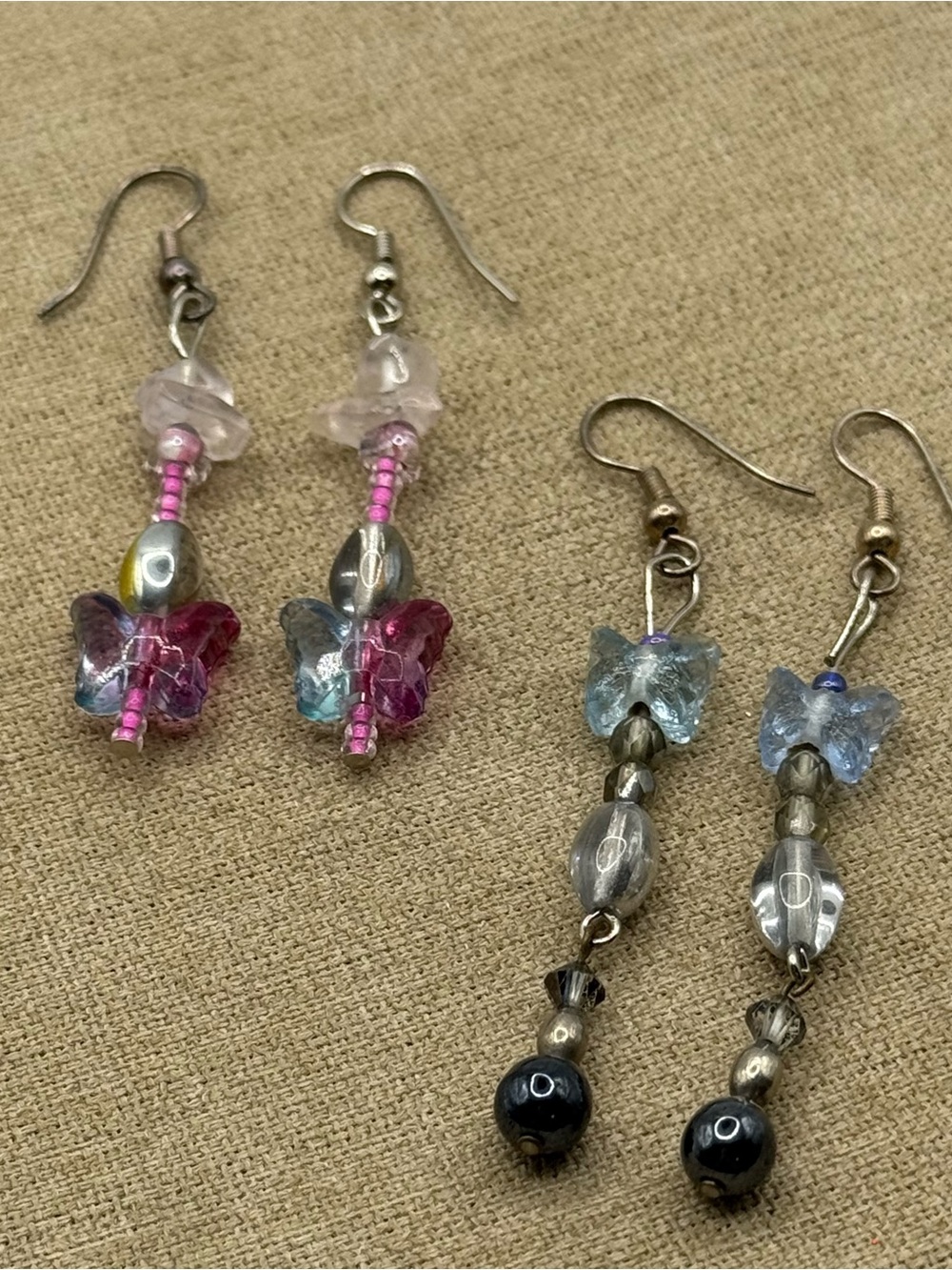 Set of 2 Handmade Pink & Blue Butterfly Beaded glass Dangle Earrings